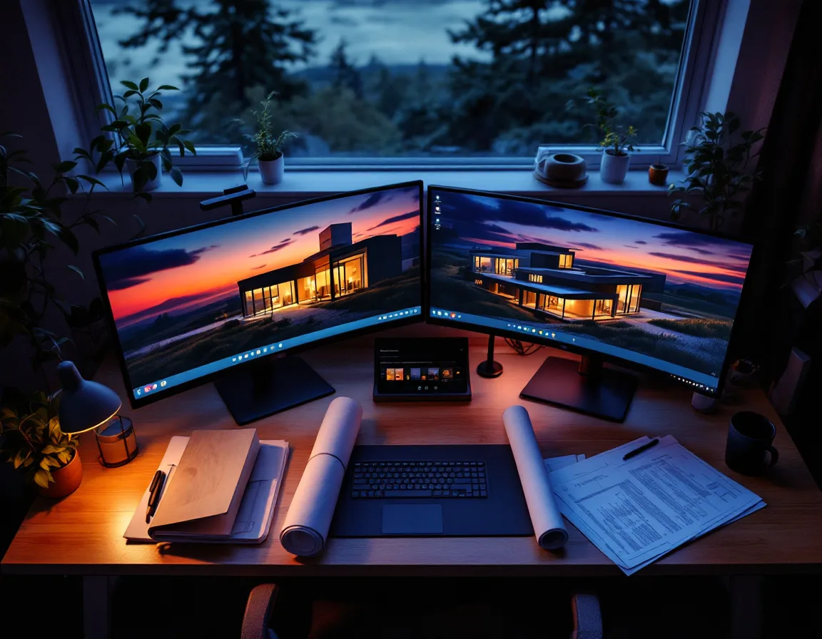 A dusk-lit studio desk with monitors showing a building render, a study model and rolled drawings.