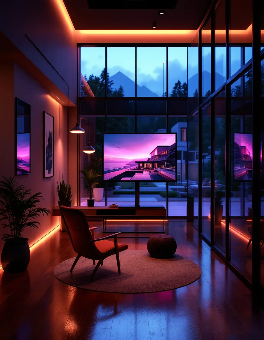 A photorealistic dusk interior render displayed on a studio monitor, warm light on oak floors.